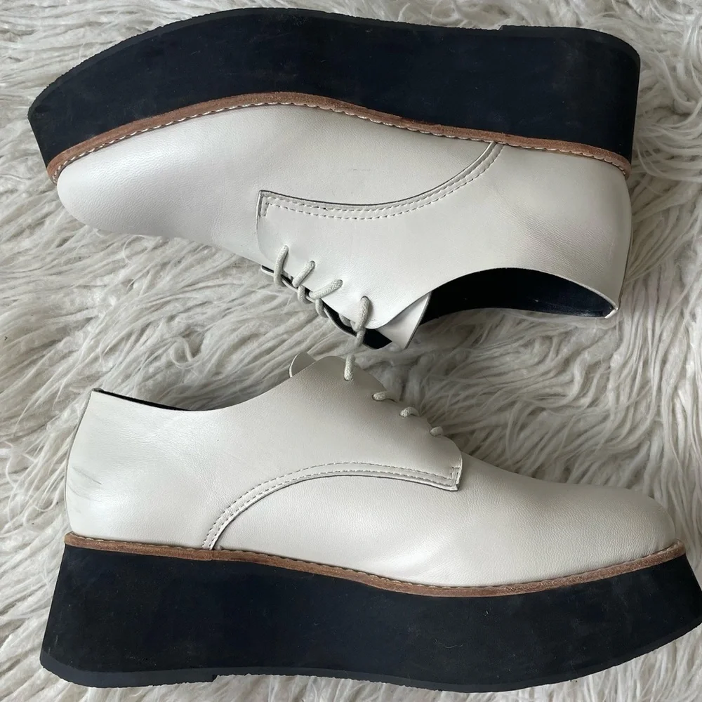 Anthropologie All Black Caroline Off White Lace Up Leather Platform Oxfords 39